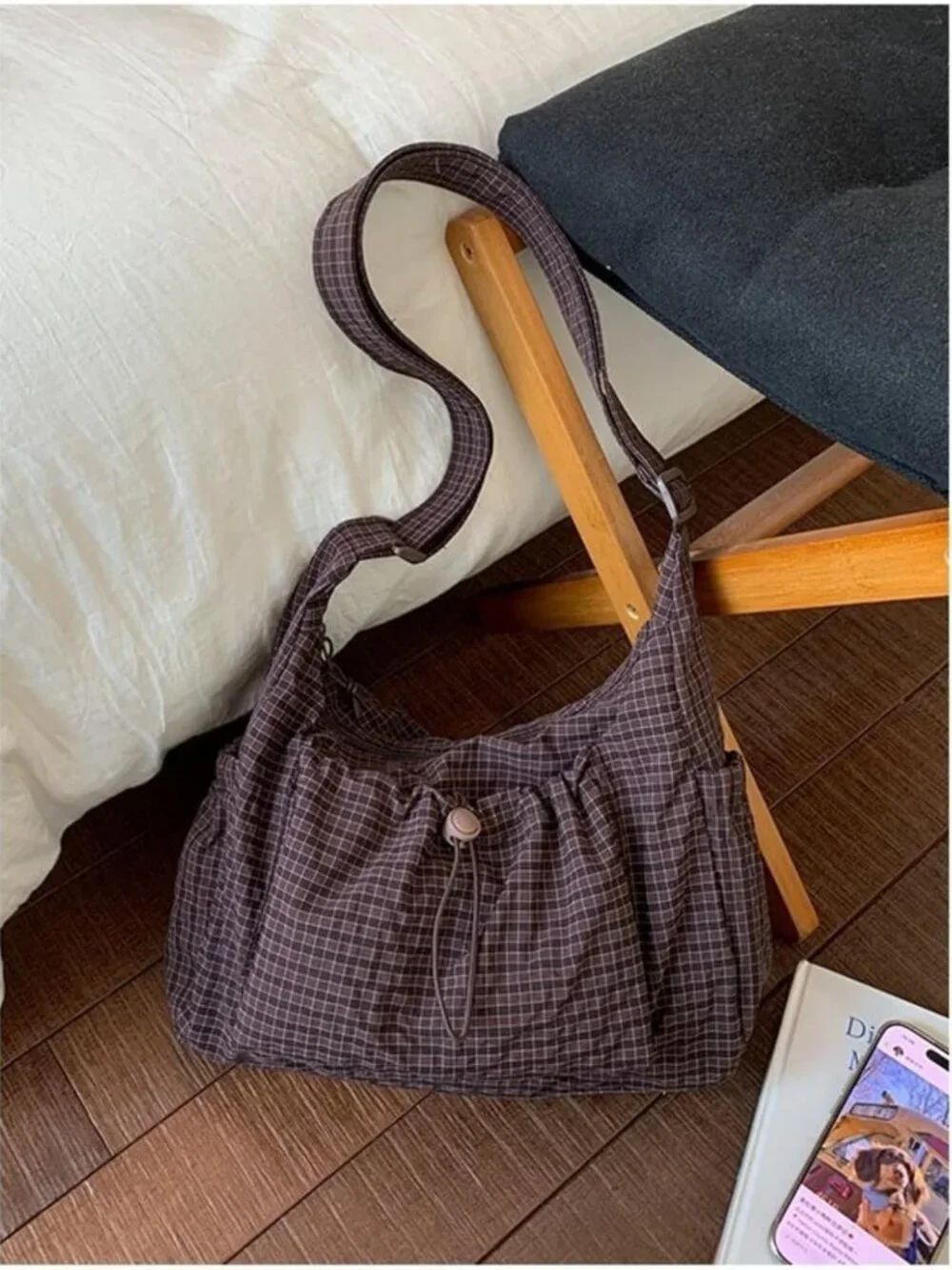 Korean Style Plaid Hobo Bag | Lightweight Checkered Crossbody Shoulder Bag